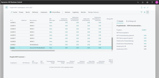 Screenshot des Projekt-WIP im Dynamics 365 Business Center. Die Projektdetails, in diesem Fall von Service XO Windkraftwerk, werden angezeigt. Die Details bestehen unter anderem aus der Projektnummer, dem Einkaufsbetrag und dem Rechnungswert.
