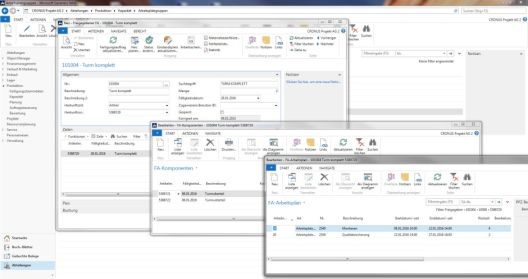 Ausschnitt aus den Arbeitsplatzgruppen. Neu freigegebener FA mit der Bezeichnung - Turm komplett. Die Fenster Komponenten und Arbeitsplan sind ebenfalls geöffnet.