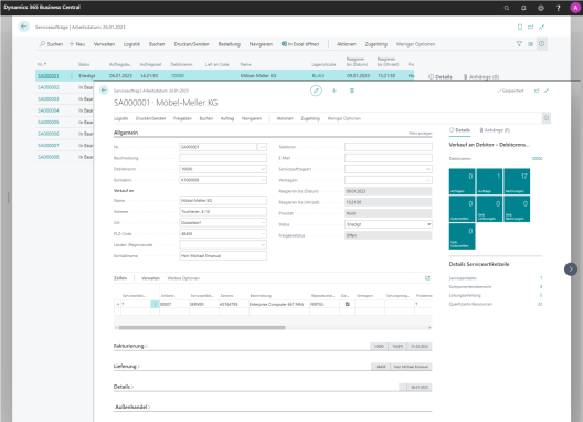 Screenshot des Serviceauftrags der Möbel-Meller KG. Die allgemeinen Felder sind ausgefüllt. Auf der linken Seite wird der Debitorenstammsatz angezeigt: Anfragen, Bestellungen, Rechnungen, Gutschriften etc.