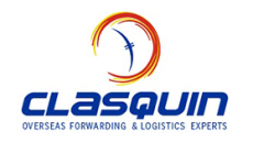 Blauer Schriftzug mit Clasquin Overseas Forwarding & Logistic Experts und einem bunten Kreis darüber.