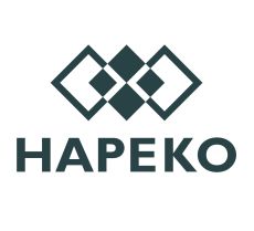 Drei Quadrate in petrol-blau mit dunkelblauem Schriftzug HAPEKO.
