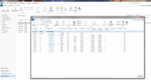 Screenshot der Zeichnungsstückliste eines Projekts. Zeichnungstyp, Artikelnummer, Status usw. werden angezeigt.