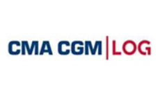 Dunkelblauer Schriftzug Logo CMA CGM mit rotem LOG im Logo.