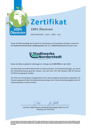 Zertifikat Ökostrom Stadtwerke Norderstedt 2023