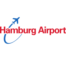 Blaues Flugzeug mit rotem Schriftzug Hamburg Airport.