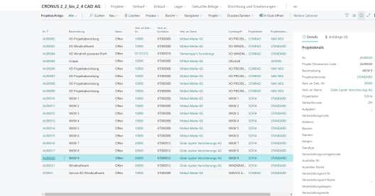 Screenshot von Microsoft Wiki mit Spalten zu Projektaufträgen und Projektdetails.