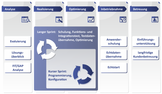Fünf Spalten. Analyse mit den Punkten Evaluierung, Lösungsüberblick und FIT/GAP-Analyse. Realisierung und Optimierung mit den Sprints. Inbetriebnahme mit Anwenderschulung, Eckdatenübernahme und Echtstart. Betreuung mit Kundenbetreuung.