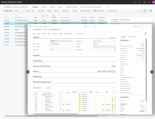 Screenshot des Projektauftrags Windkraftwerk. Die allgemeinen Felder sind ausgefüllt. Rechts sind die Projektdetails ausgefüllt. Die Projektdaten werden unten angezeigt.