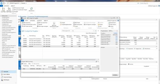 Ansicht des WIP-Cockpits für Projekte. Projektdetails und Projekt-WIP-Summen werden angezeigt.