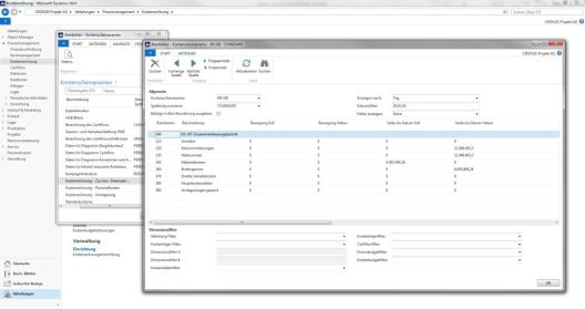 Screenshot einer Kontenschemamatrix von Kostenrechnungen. Allgemeiner Bereich mit Name, Datumsfilter etc. und Dimensionsfilter.