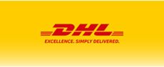 Rote Schirft auf gelbem Hintergrund DHL EXCELLENCE. SIMPLY DELIVERED.