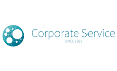 Schriftzug Corporate Service in blau mit abstrakter Weltkugel davor.