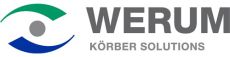 Grüner und blauer Halbkreis umschließen grauen Punkt mit grauem Schriftzug Werum Körber Solutions
