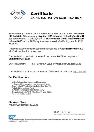 Zertifikat SAP bRobots S/4HANA für AKQUINET, gültig bis 2028