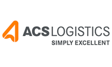 Orange-schwarzes Logo von ACS Logistics Simply Excellent mit einem orangenen Pfeil als Symbol.