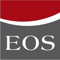 Rot-graues Logo im Quadrat mit dem Schriftzug EOS.