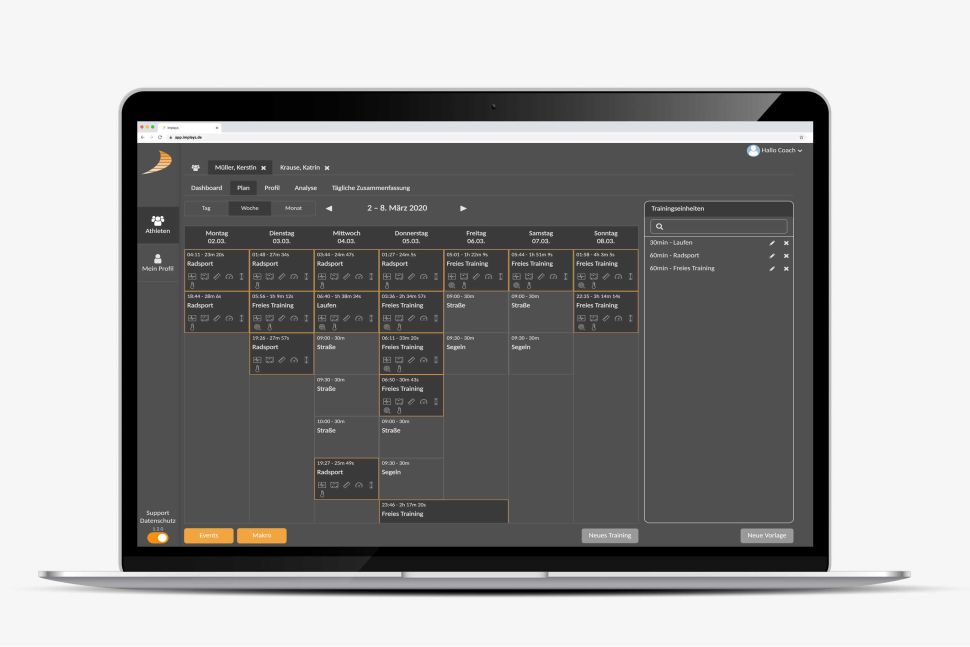 Darstellung der IMPLAYS Trainingsplanung in der Anwendung auf einem Laptop