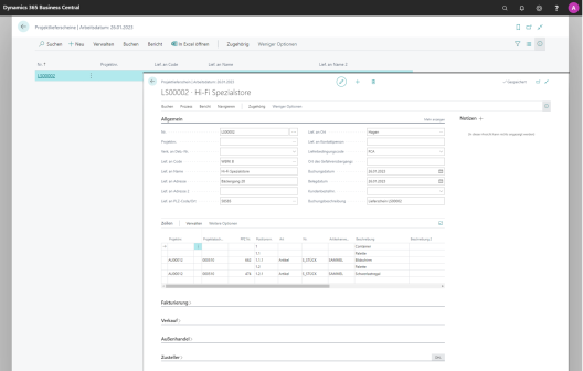 Screenshot des Projektlieferscheins vom 26.01.2023. Geöffneter Projektlieferschein mit ausgefüllten Feldern im allgemeinen Bereich. Eine Tabelle zeigt die verschiedenen Projektnummern.
